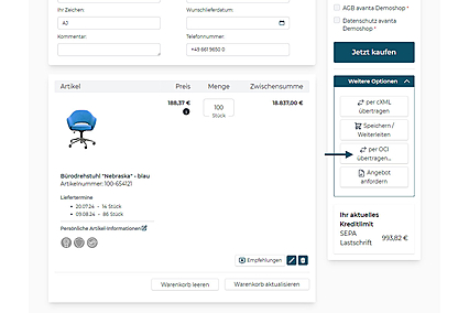 Warenkorb-Übertragung in das ERP-System