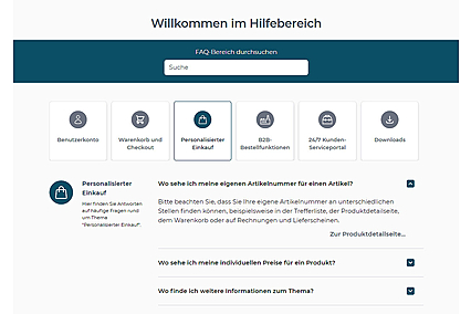 FAQ-Bereich mit Kategorien; durchsuchbar