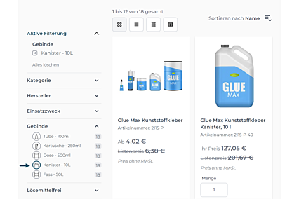 avanta Premium-Filter: Visualisierung Filterattribute
