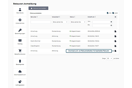 Übersicht der Retouren-Anmeldungen im Webshop Benutzerkonto