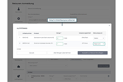 Retouren-Anmeldung mit Artikelauswahl aus Lieferschein