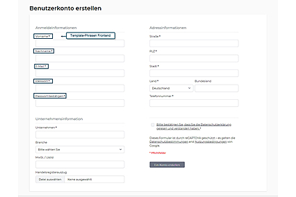 Beispiel: Zu übersetzende Texteinheiten (Template Phrases) im Frontend