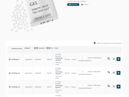 Clear presentation of complex product variants in the webshop for packaging powered by avanta