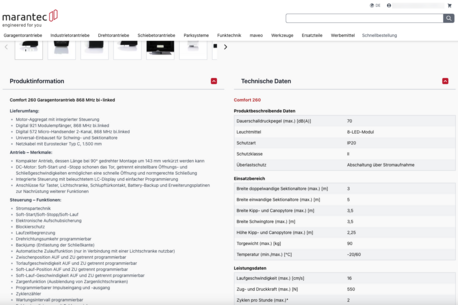 Product detail page with technical details