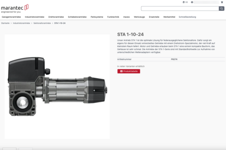 Article detail page in the marantec B2B customer portal / webshop